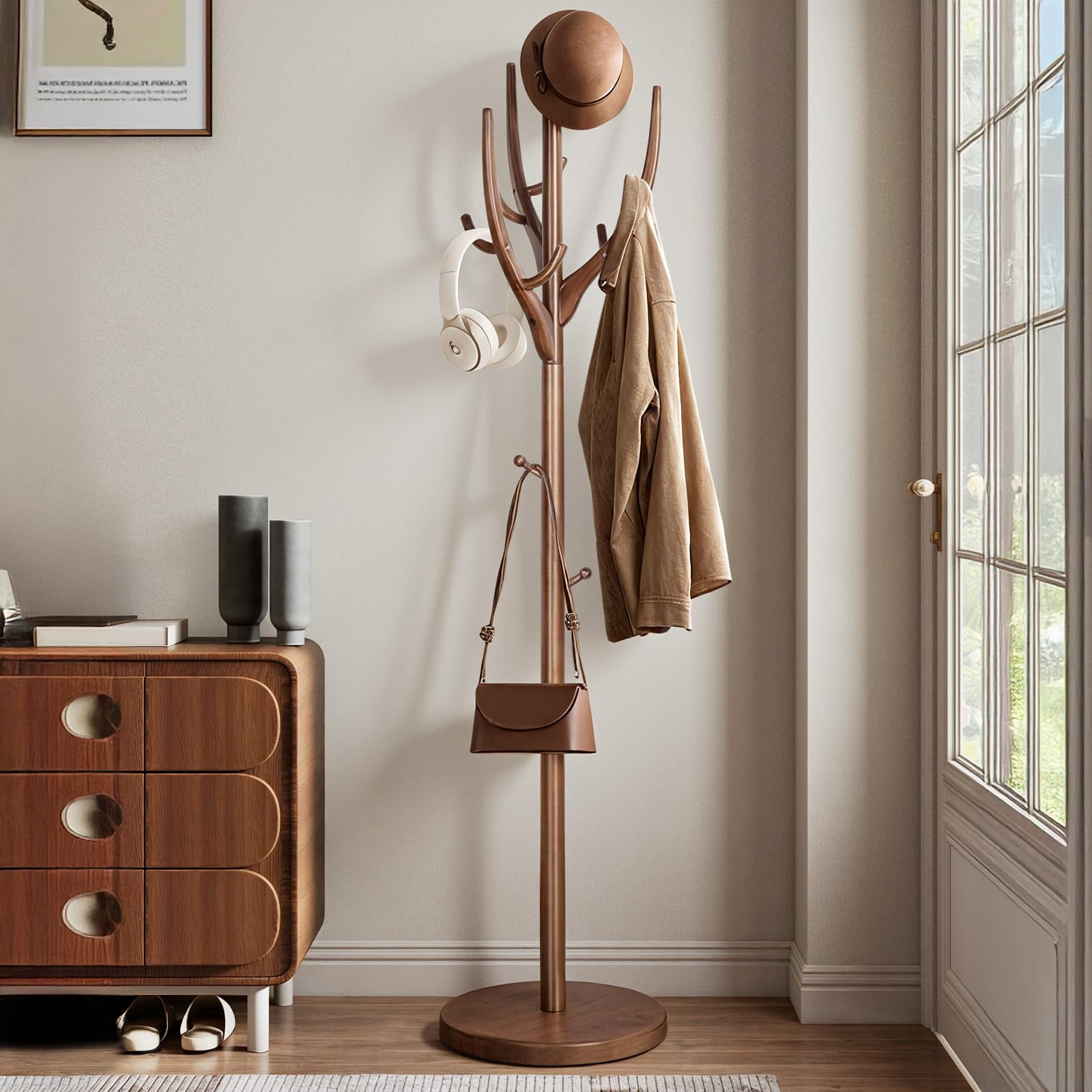 Bekrvio Solid Rubber Wood Coat Stand, 182cm Tree Freestanding Coat Rack with 12 Hooks, Heavy Duty Hallway Coat Stands with 42cm Wide Stable Base, Wooden Clothes Stand for Entryway Bedroom