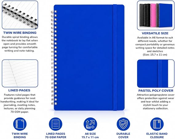 Shineone A6 Spiral Notebook, Twin Wire Bound, Lined Ruled Journal, Pastel Colour Poly Cover with Elastic Band (Blue)