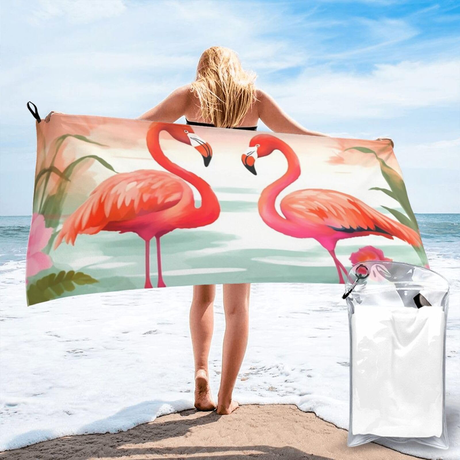 DWVTSLH Microfiber Sand Free Beach Towel 27.5"x55", Quick Dry Absorbent Travel Towel Large Camping Blanket, Two Red Flamingos Bath Towels Lightweight Pool Swim Towels for Vacation Essentials