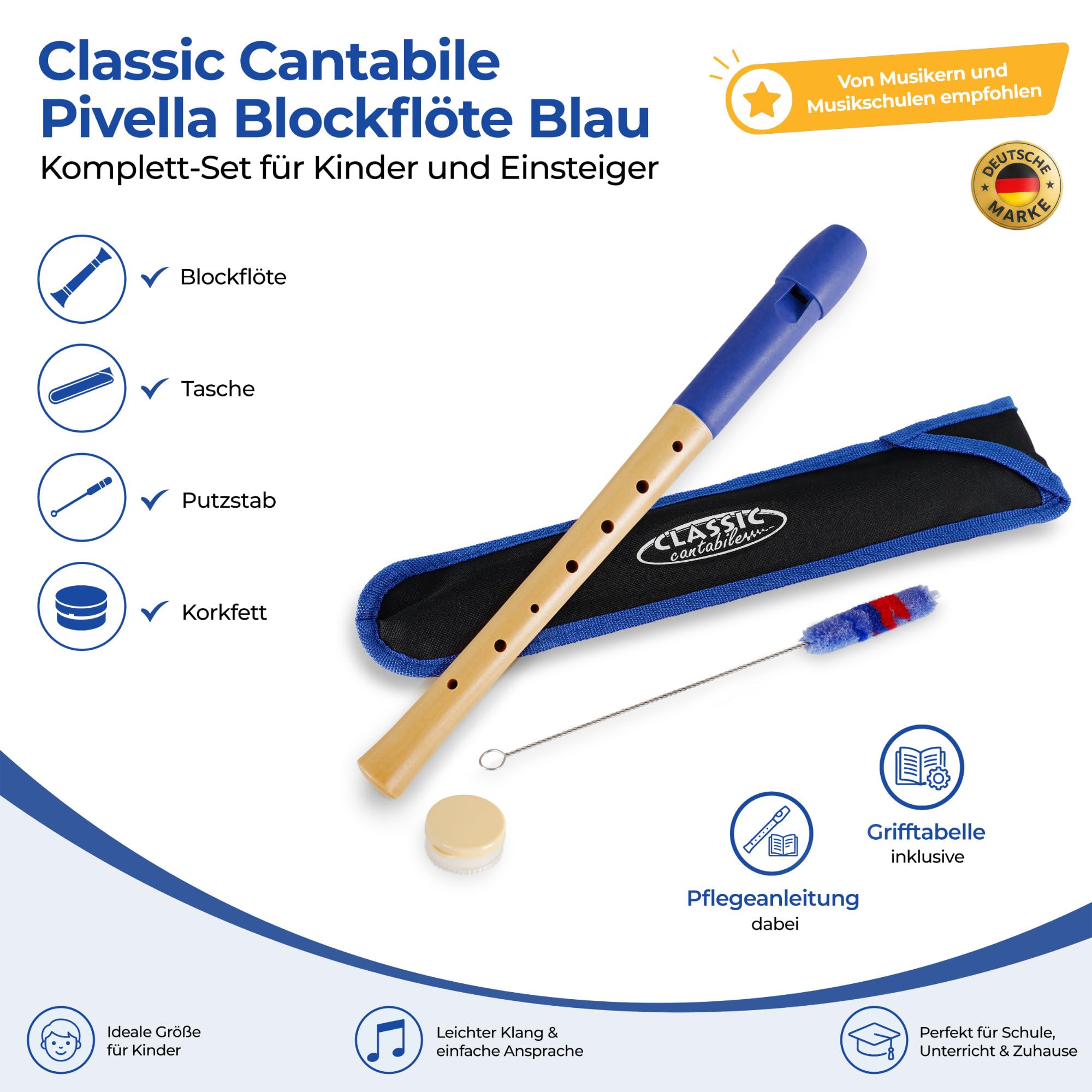 Classic Cantabile Pivella Flauta Dulce Azul, digitación alemana Set de 10 | Flautas dulces de 2 piezas, Cabeza de plástico especial azul, Cuerpo inferior de madera de arce, Afinación: C-Soprano
