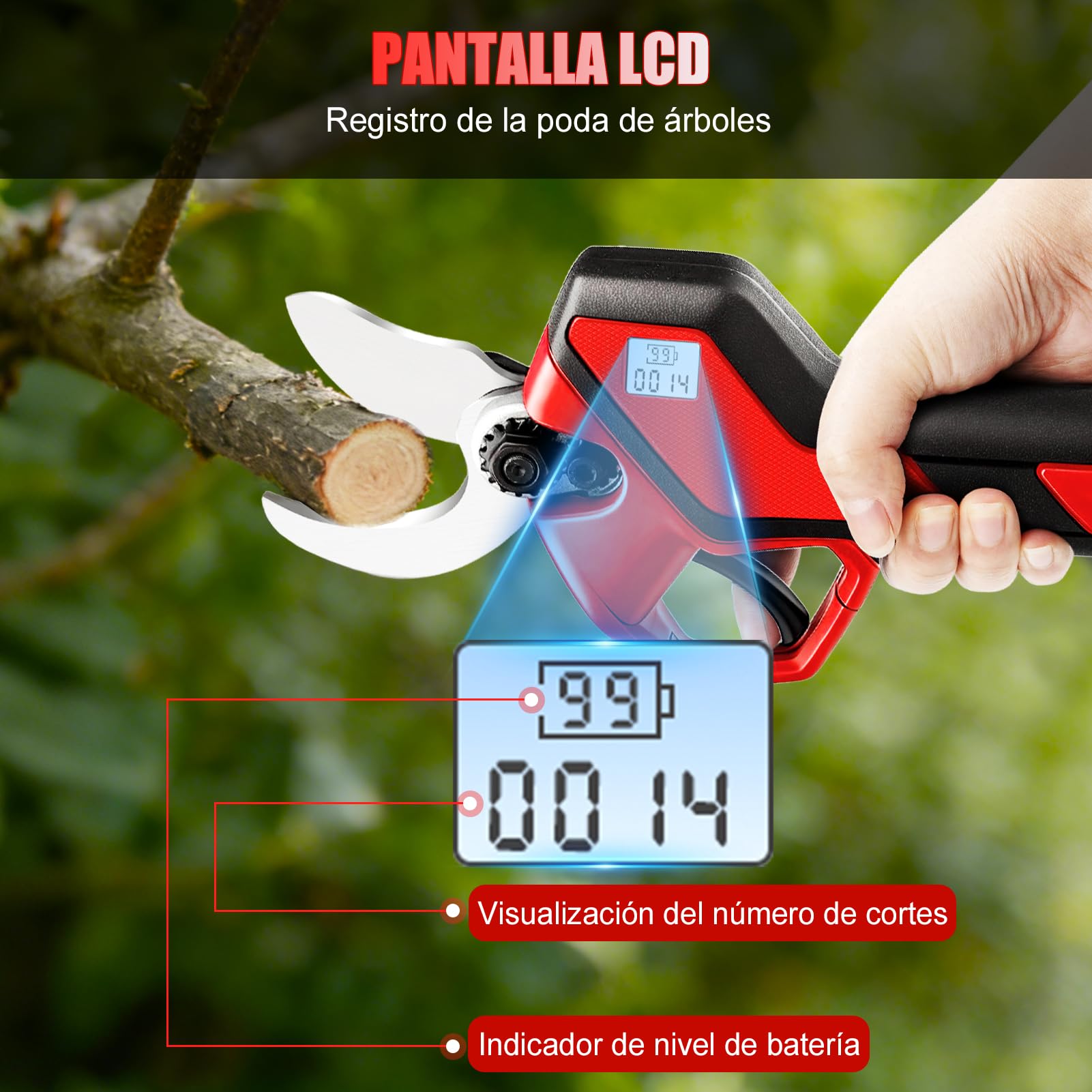 Tijeras de Podar Electricas de 40mm, Podadora de jardín con 2 baterías 21V 1500mAh y cuchillas de repuesto, 600W motor sin escobillas, Tijeras de Podar Bateria para jardinería, árboles frutales