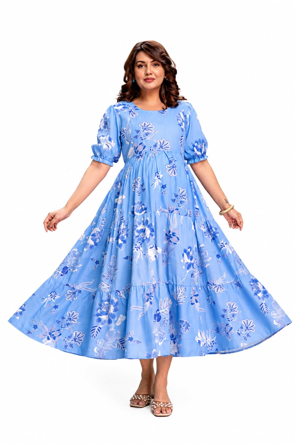 Biffy Women's Floral Maternity Maxi Dress |Puff Sleeve Round Neck Pregnancy Dress | Comfortable Maternity Wear for Baby Shower, Photoshoot & Casual Wear-picture-20