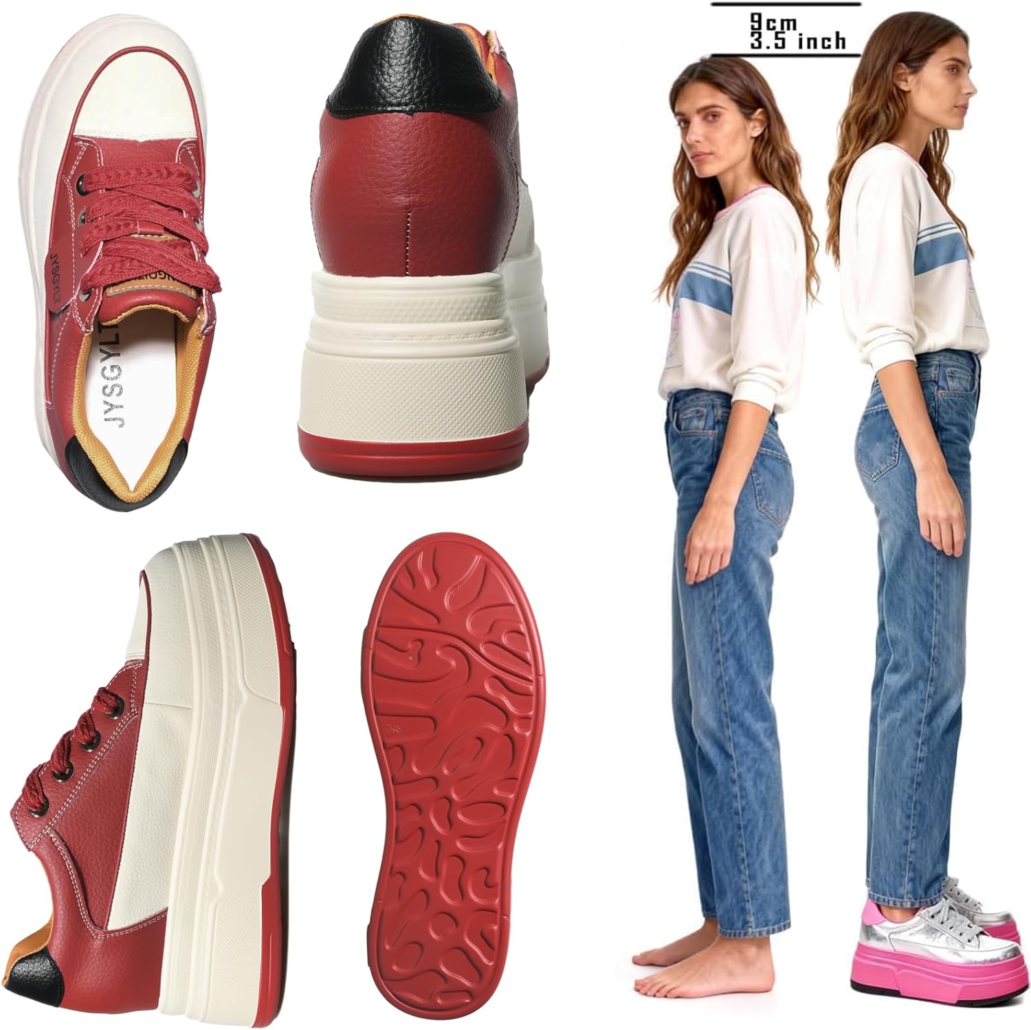 Platform Sneakers For Women - (3 inch-3.5 inch )6cm Heel & 3cm Inner Lift, Comfortable Cushioned Arch Support, Non-Slip Casual Walking Shoes, Microfiber Leather Platform Shoes White Black Red Yellow - Image 2