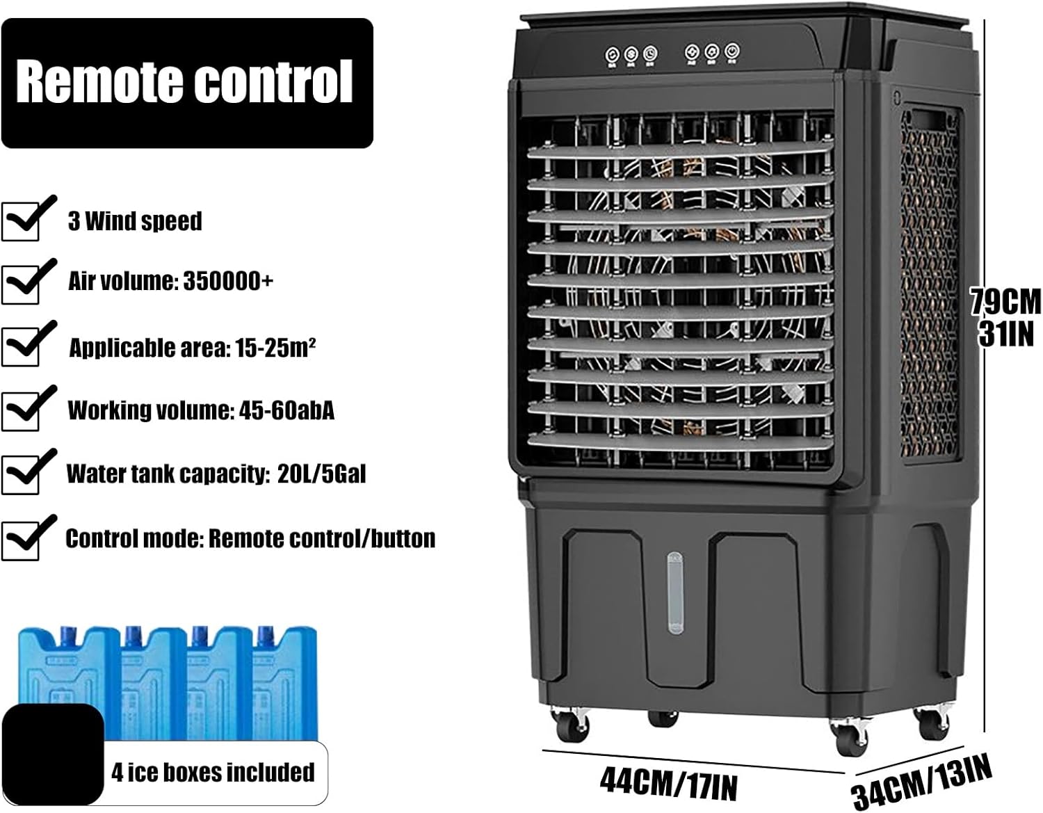 Portable Evaporative Air Cooler - Water Cooler Fan with Large Water Tank, 120° Oscillation, 3 Speeds, 12 Hour Timer, and Remote Control for Indoor and Outdoor Use