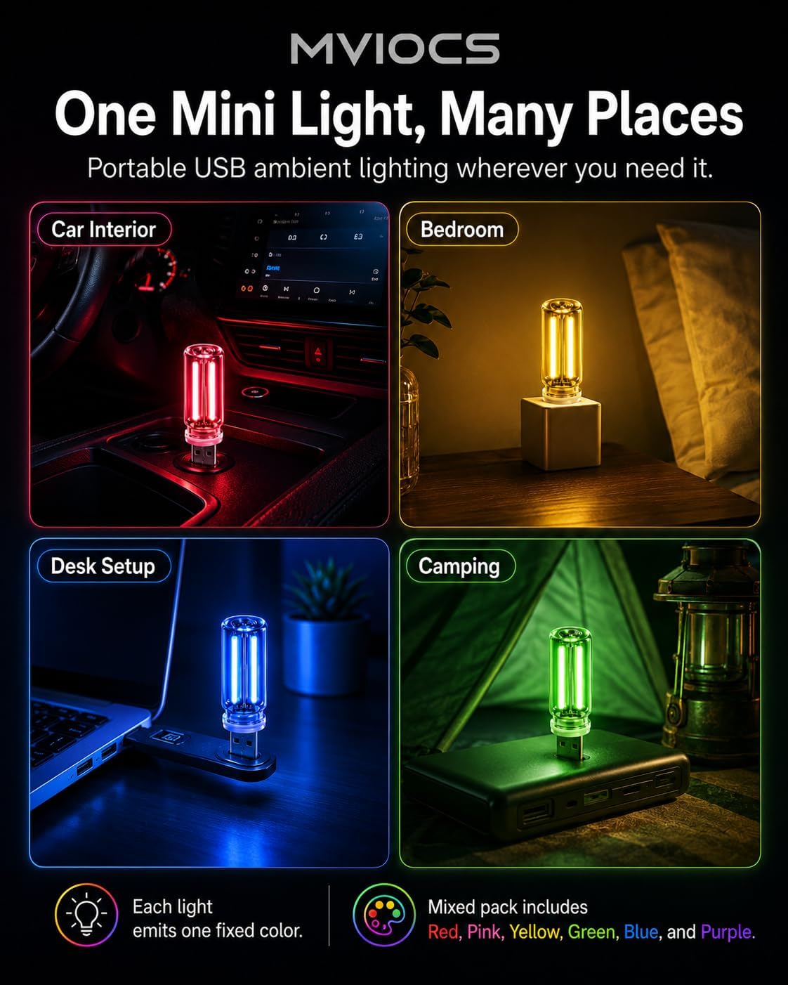 6 Pack USB Car Night Light, Touch Dimmable Mini Retro Glass Bottle LED Ambient Lights, Plug-in USB Interior Mood Lights for Car, Truck, Bedroom, Desk, Camping Decor (Multicolor)