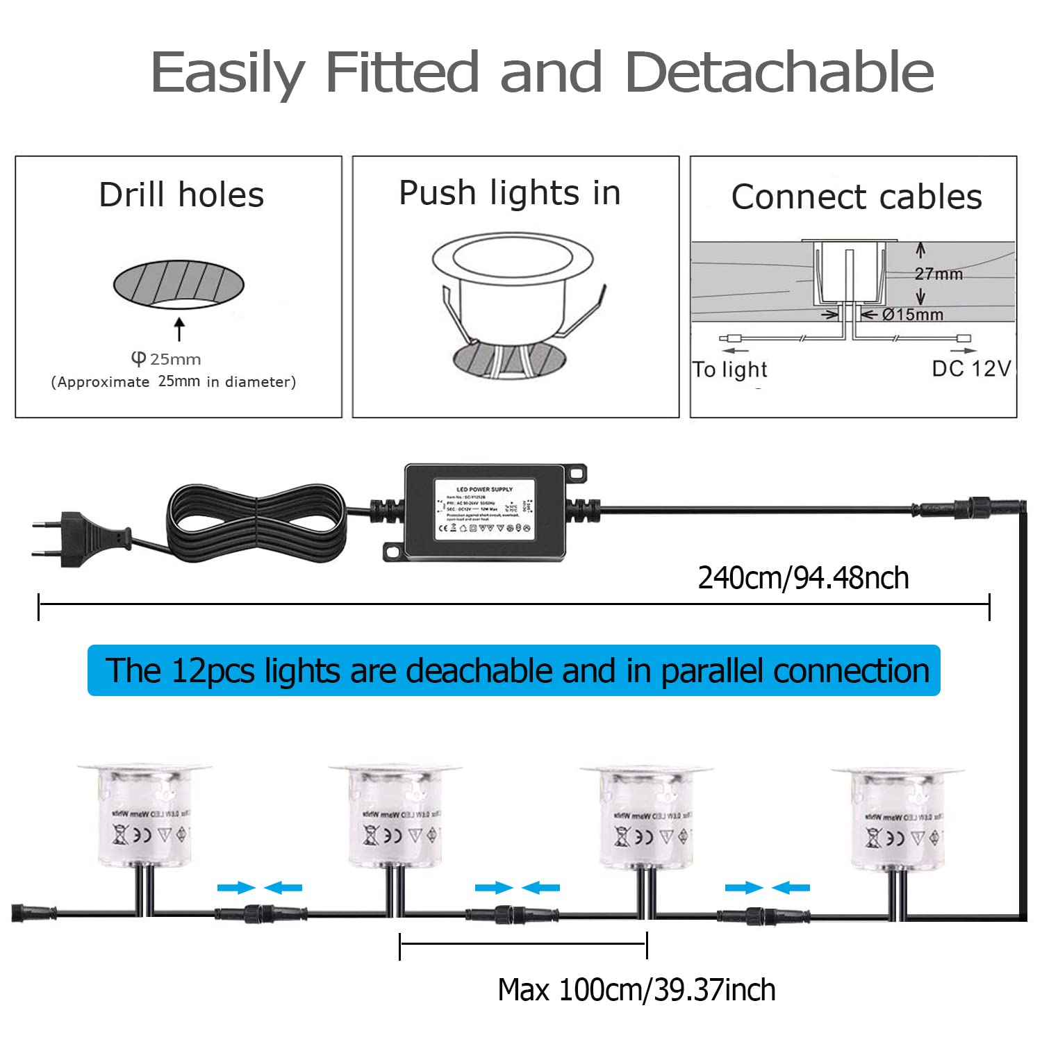 12x Luz Foco Empotrable al Suelo Iluminación Exteriores Acero Inoxidable 0.6W IP67 Luz Blanco Cálido
