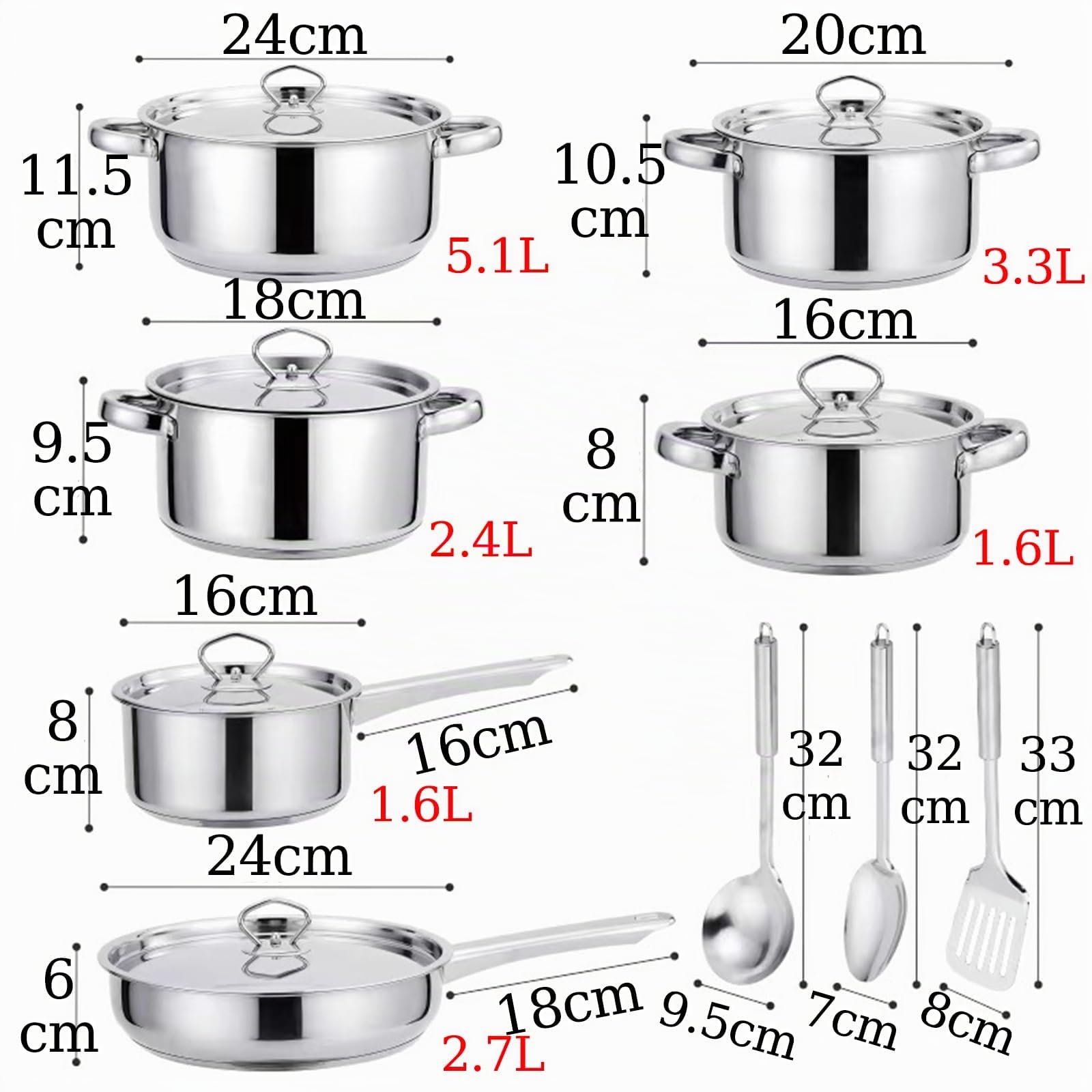 Set di Pentole da 15 Pezzi in Acciaio Inox Batteria di Pentole Non Rivestita Anti-Scaldatura Maniglie con Coperchio 3 Utili Utensili per Tutti I Piani Cottura Argento