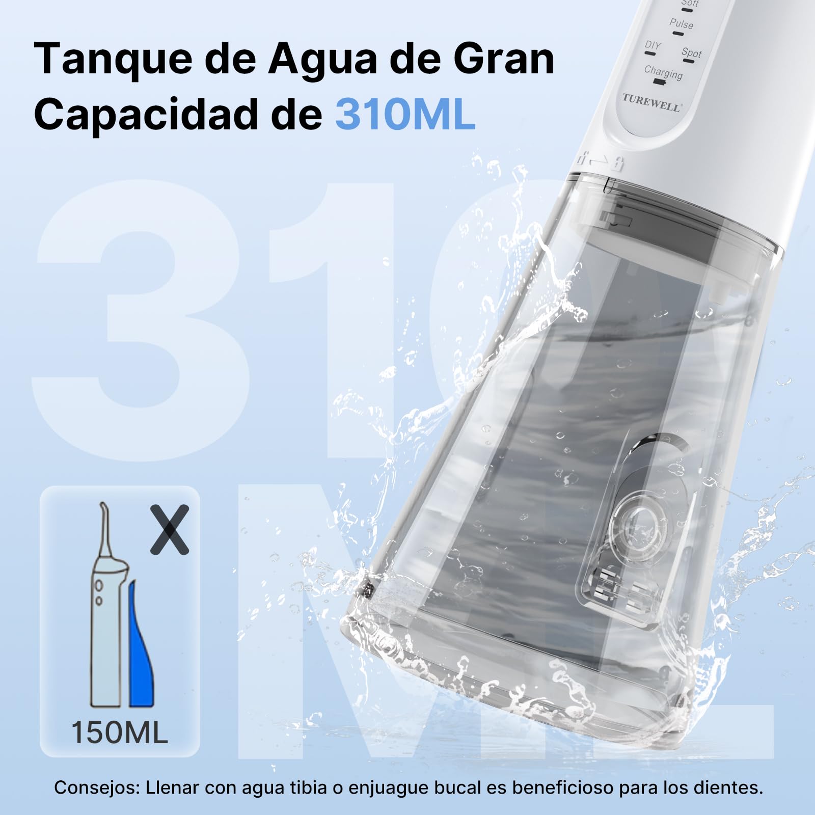 TUREWELL Irrigador Bucal Portatil de 310 ML con 5 Modos, 4 Boquillas, Irrigador Dental Recargable IPX7 Impermeable al Agua para el Hogar y Los Viajes, Mejora la Salud Dental