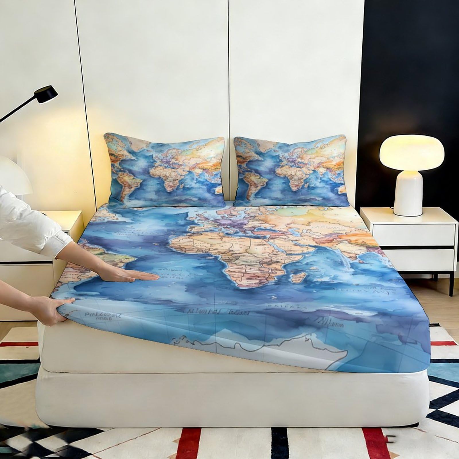 Lenzuolo con angoli con stampa 3D, motivo mappa del mondo, in microfibra