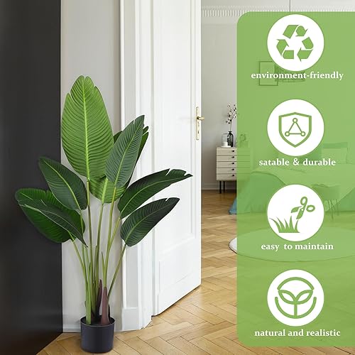 Miniatura 4 de Crowye Paquete de 4 plantas artificiales de aves del paraíso, palma de viajero sintética de 5 pies de alto con 10 hojas, maceta de plástico