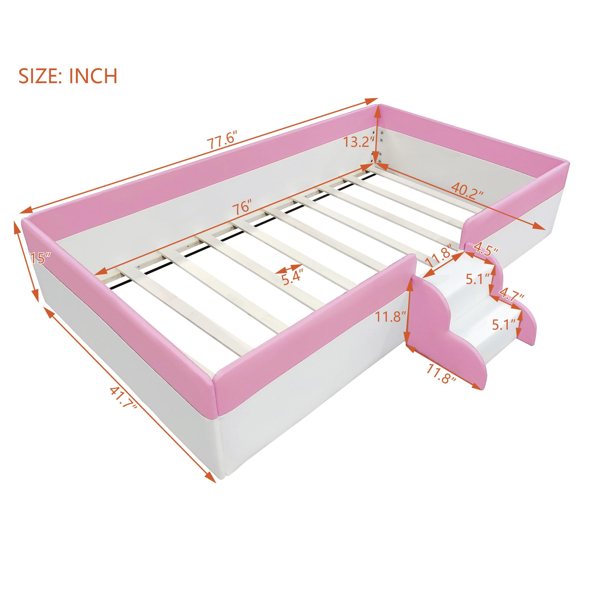 Merax Twin Size Kids Floor Bed, Upholstered Kids Daybed Frame with Fence and Stairs, Wood Bed for Living Room, White+Pink