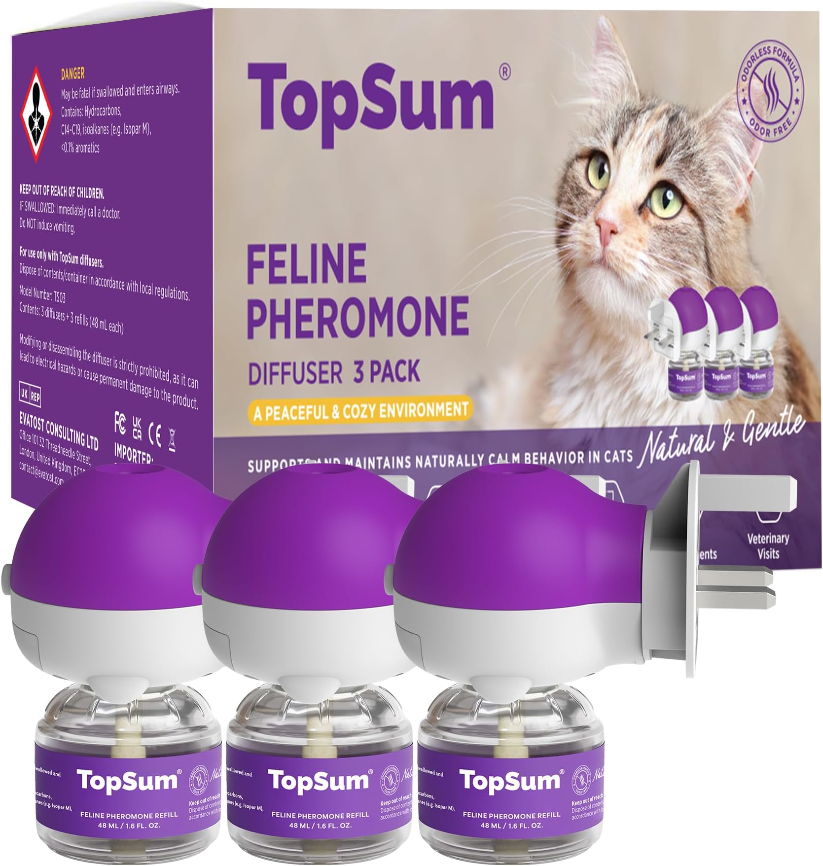 TopSum Cat Calming Plug-in: Premium Cat Pheromone Diffuser - Cat Plug In Calmer - Pet Calming Plug In - Promotes Relaxation & Well-Being, 3 Pack (Violet)