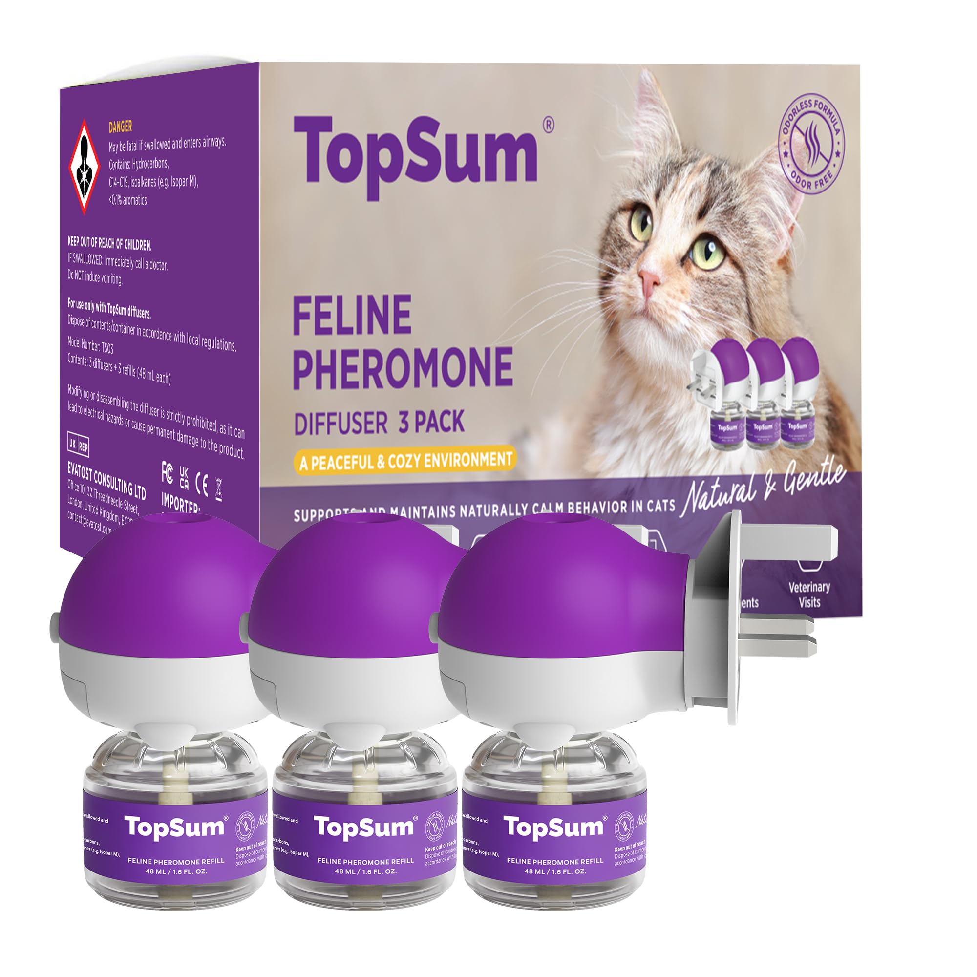 TopSum Cat Calming Plug-in: Premium Cat Pheromone Diffuser - Cat Plug In Calmer - Pet Calming Plug In - Promotes Relaxation & Well-Being (3 Pack New)