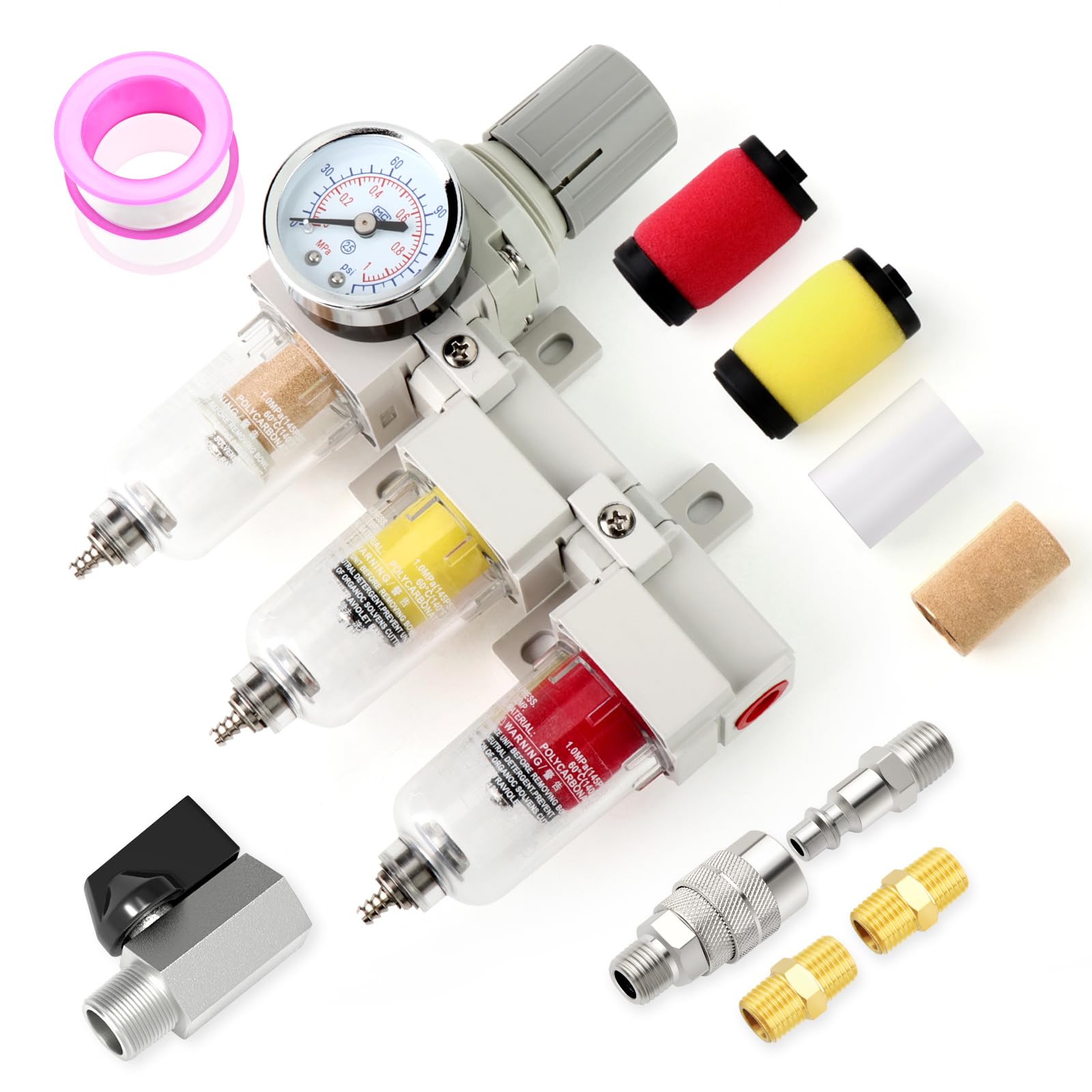 MEANLIN Industrielles NPT Lufttrocknungssystem, 3-stufig, 1/4 Zoll, Koaleszenzfilter, Partikelfilter und Luftregler, manueller Ablauf für Luftwerkzeuge und Pistole