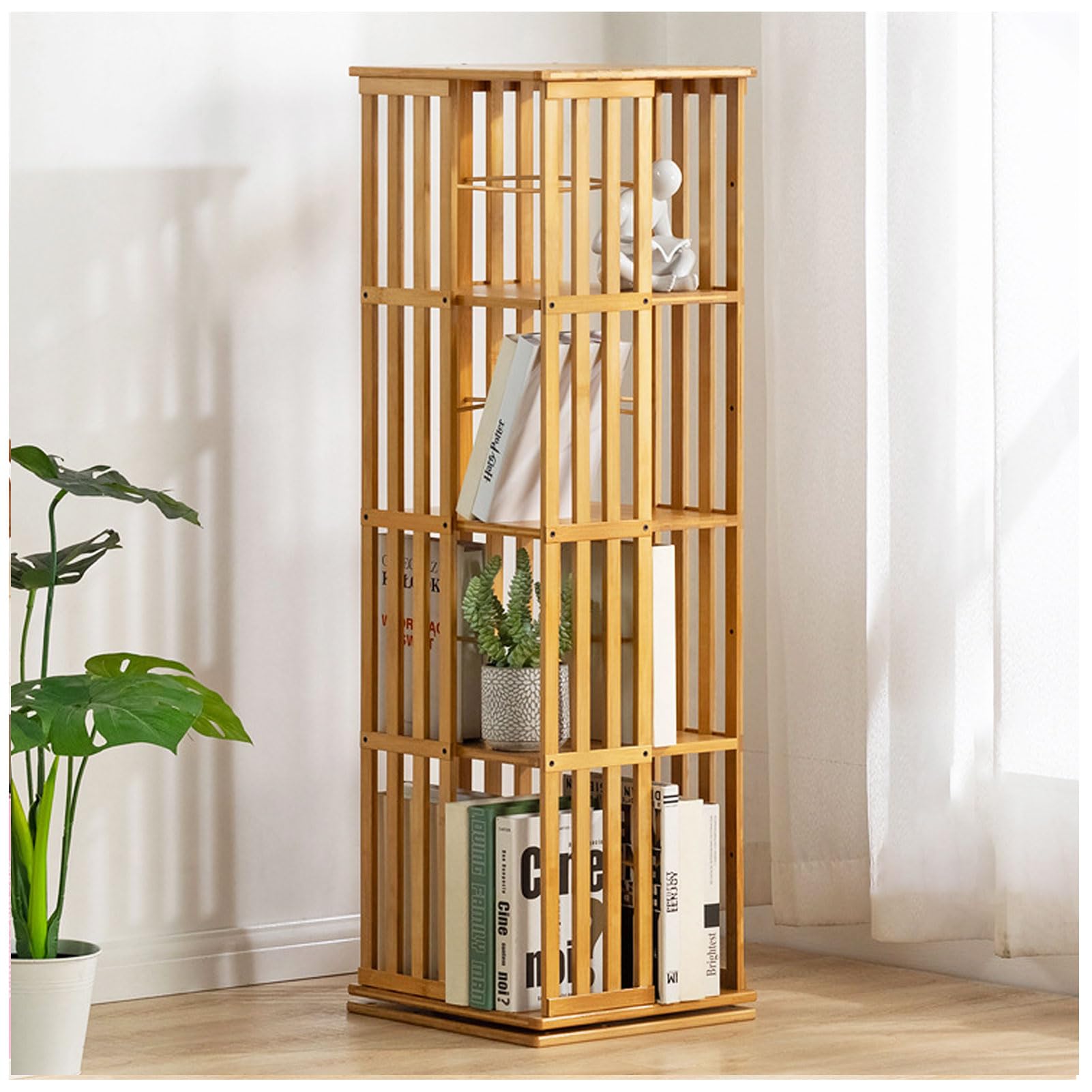 Lshtshf-Ou Natural Wood 360 Display Rotating Bookshelf Bamboo Organizer Wooden Bookcase Corner Tall Book Shelf Modern With Open Design Shelving Unit(,4Th Floor-Tier)