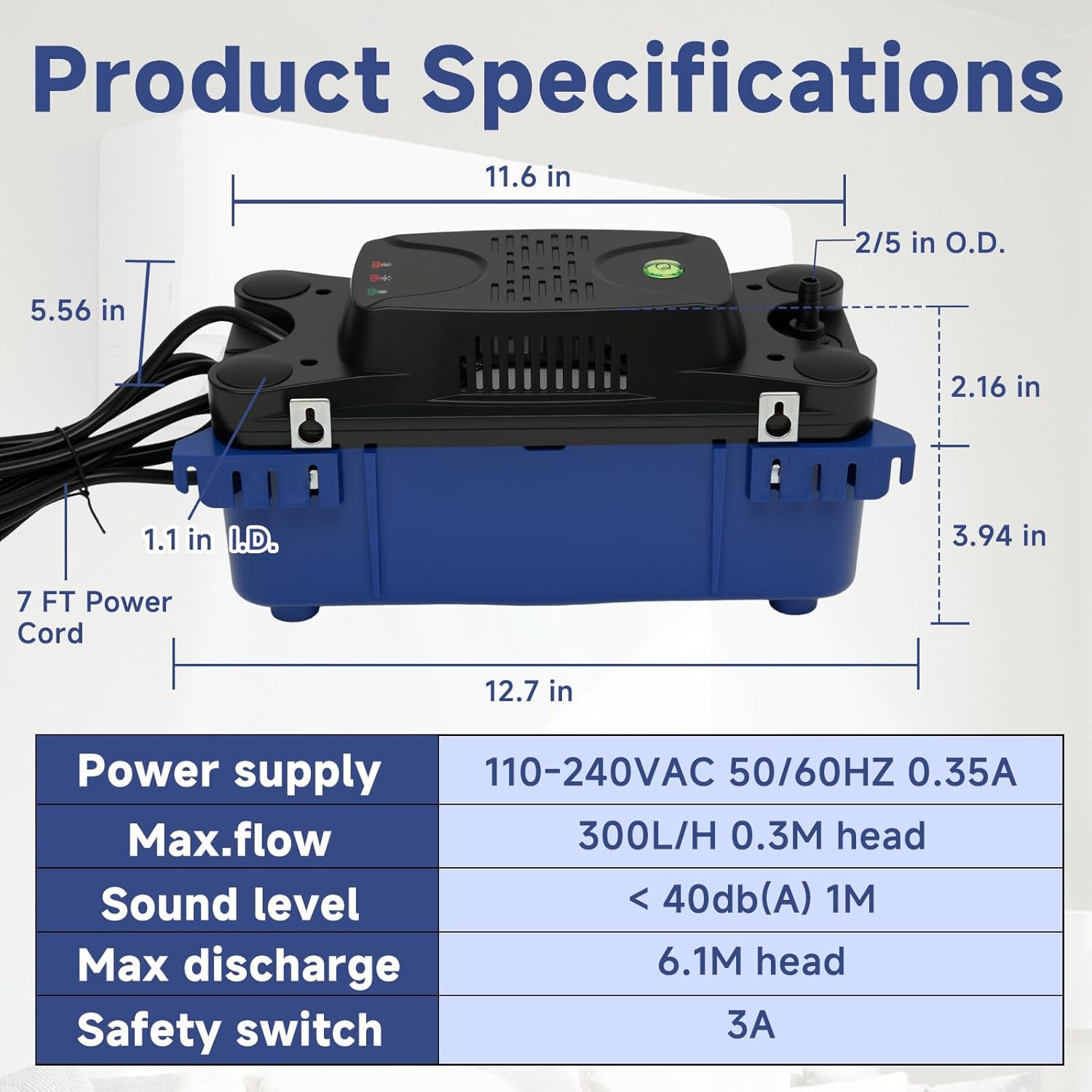 Upgraded TPS-20 HVAC Condensate Pump, Auto On/Off Safety Switch, 300L/H (80GPH) 20ft Lift, with 20ft Tubing, 110-240VAC, for AC Units, Dehumidifiers, Ice Makers, Furnaces, Boilers