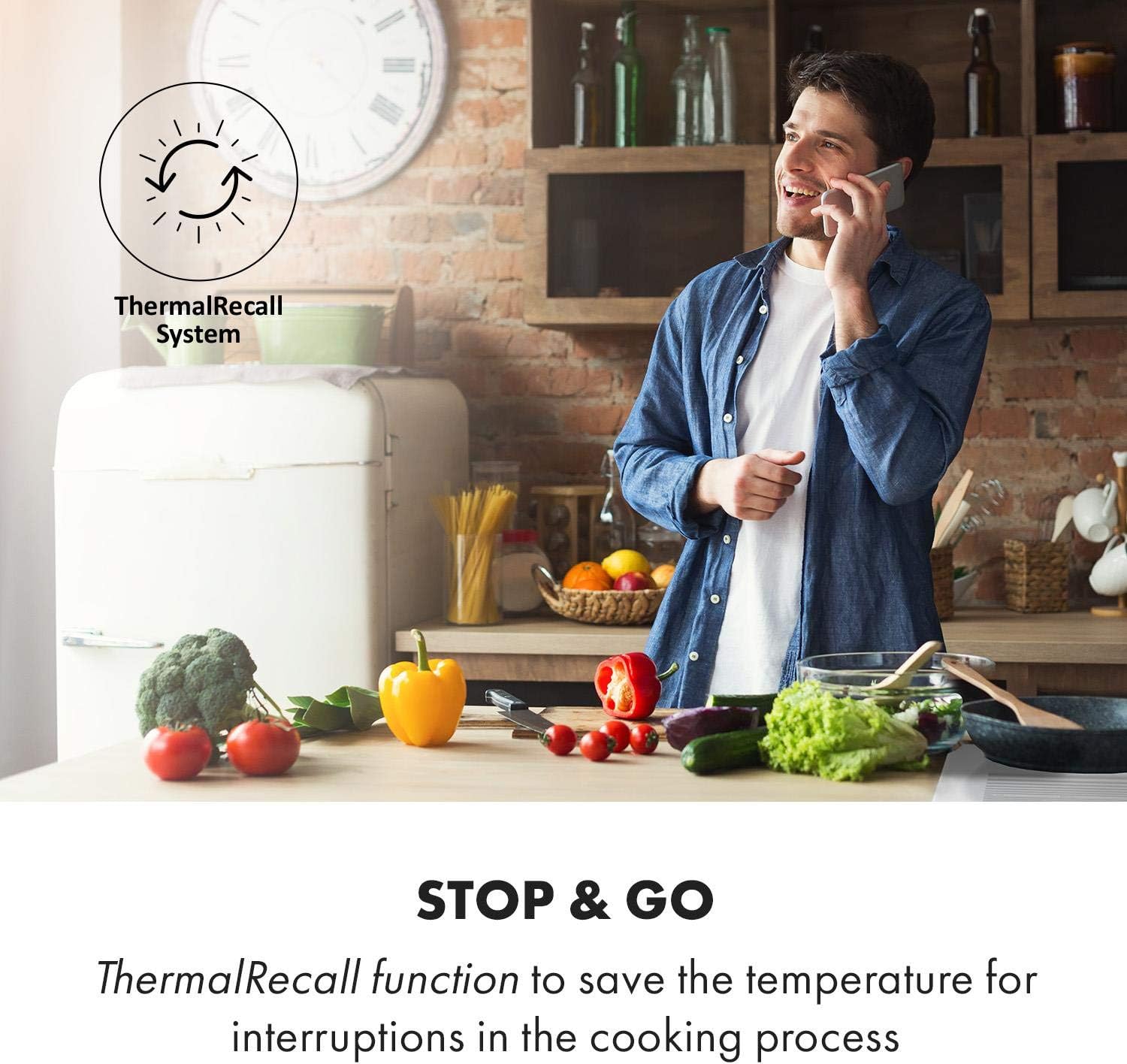 Klarstein Delicatessa Slim Induction Cooker with 'ThermalRecall System' and 'STOP & GO' text, showing a person on the phone while cooking.