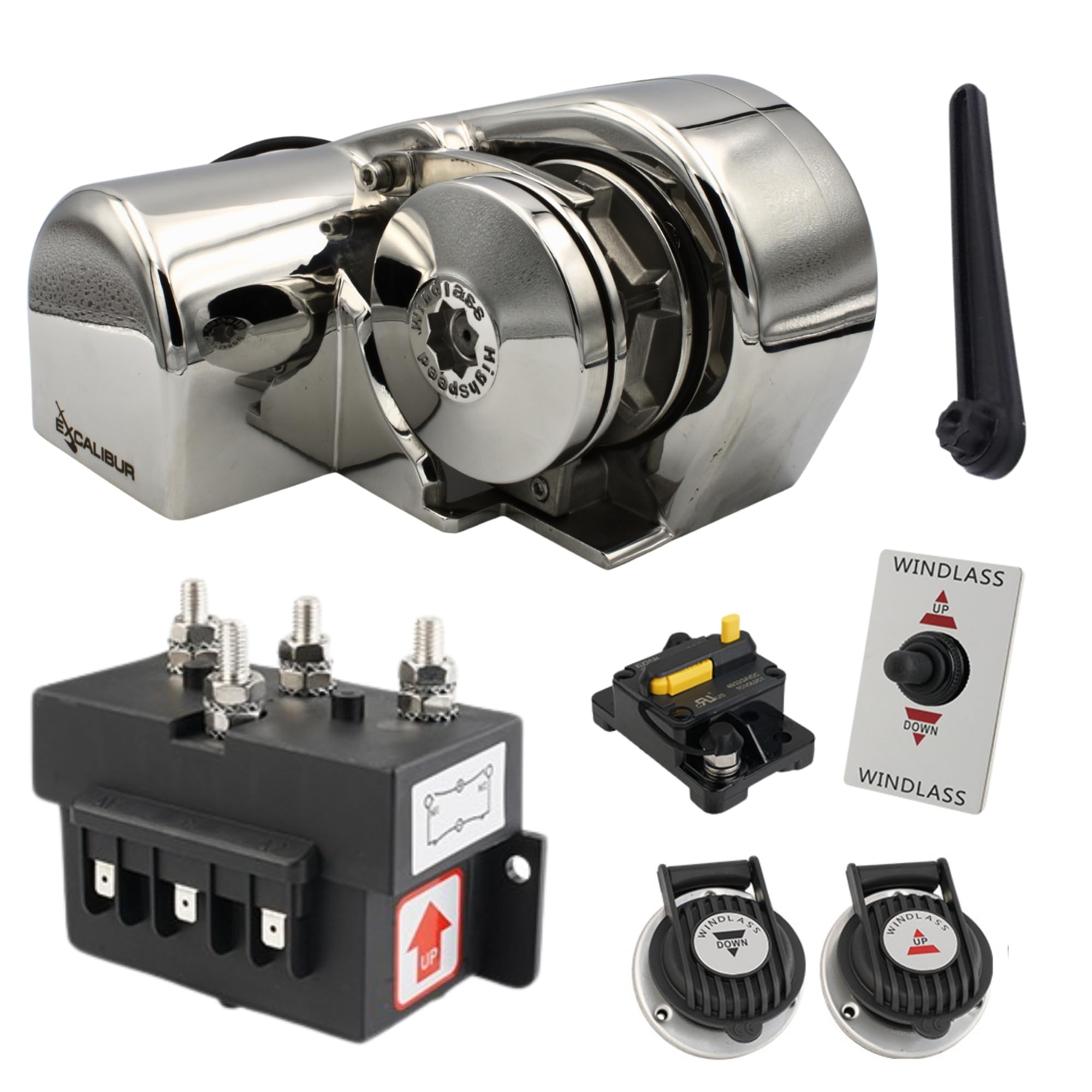 EXCALIBUR Horizontal Windlass Anchor System- 600W 12V DC,1200 lbs Pulling Power, for 1/4 Inch HT G4 Chain & 1/2 Inch 3-Strand Rope, 316 Stainless-Steel Marine-Grade Housing for Boats up to 40 FT