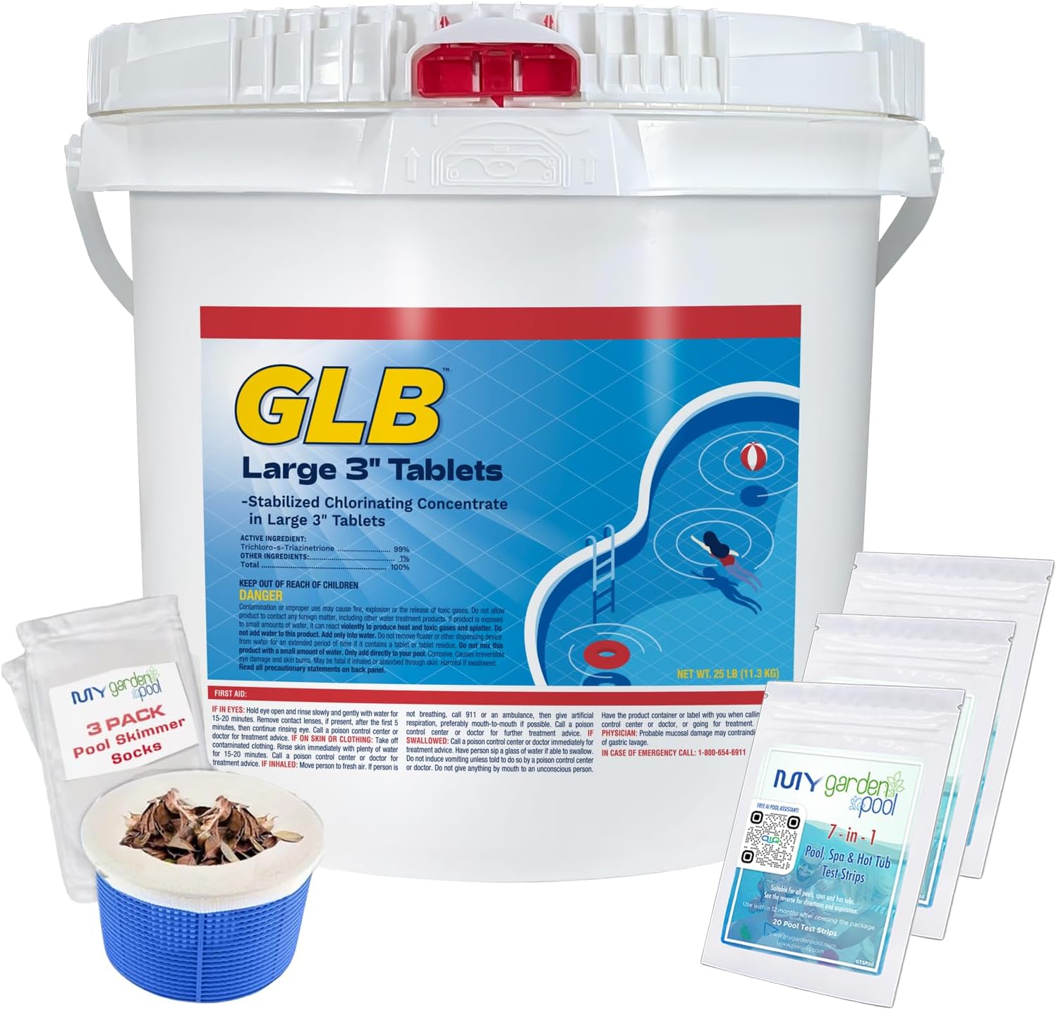 GLB Large 3" Chlorine Tablets 25 LB (71234A) with My Garden Pool 3 Skimmer Sock and 7-in-1 Test Strips, 60 ct. – Powerful Chlorine Tablets for Clear Swimming