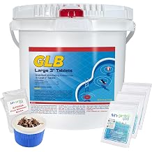 GLB Large 3" Chlorine Tablets 25 LB 71234A with My Garden Pool 3 Skimmer Sock and 7-in-1 Test Strips, 60 ct. Powerful Chlorine Tablets for Clear Swimming