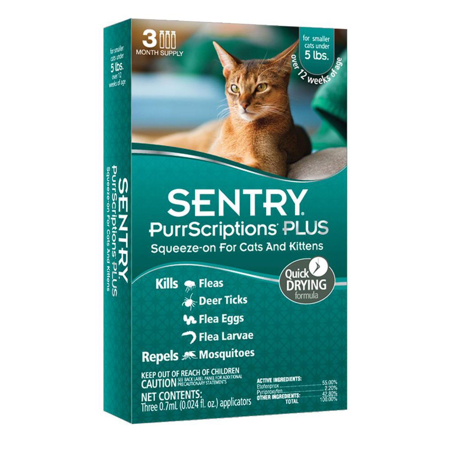 Sentry PurrScriptions Plus Cat & Kitten Squeeze-On Flea & Tick Control, for Cats 2.2 to 5 lbs., 1.4 ML