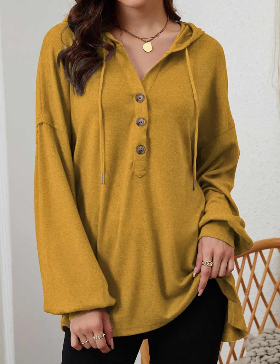 Womens V Neck Button Down Hoodies Shirt Oversized Long Sleeve Hooded Henley Shirt Drawstring Pullover Tops - Image 2