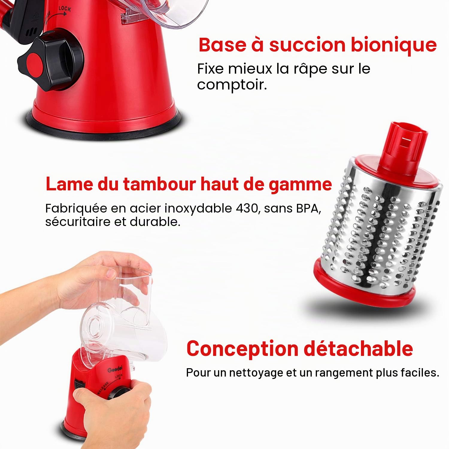 Râpe à fromage, râpe pour légumes avec 3 lames de tambour, coupe rapide et facile, coupe-légumes idéal pour le fromage, les concombres, les carottes, les noix, etc