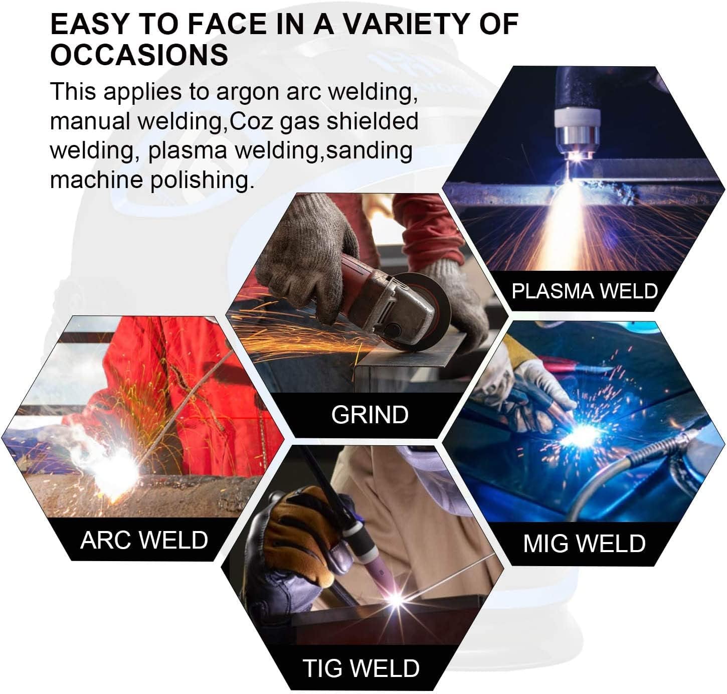 Images depicting various applications: Plasma Weld, Grind, Arc Weld, MIG Weld, TIG Weld