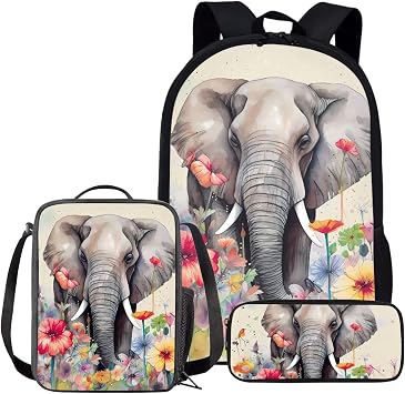 17 Backpack And Lunch Bag Set For Boys Floral Elephant Bookbag School Stationery Pen Case