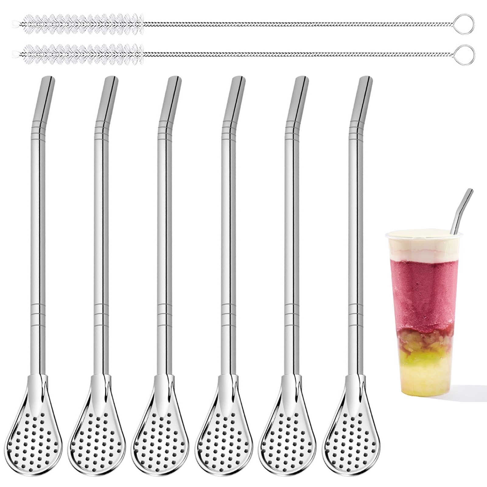 Set di 8 cannucce in acciaio inox, riutilizzabili in metallo, lavabili in lavastoviglie, cannuccia e cucchiaio 2 in 1, ideali come latte macchiato e cucchiaio da cocktail, colore: argento