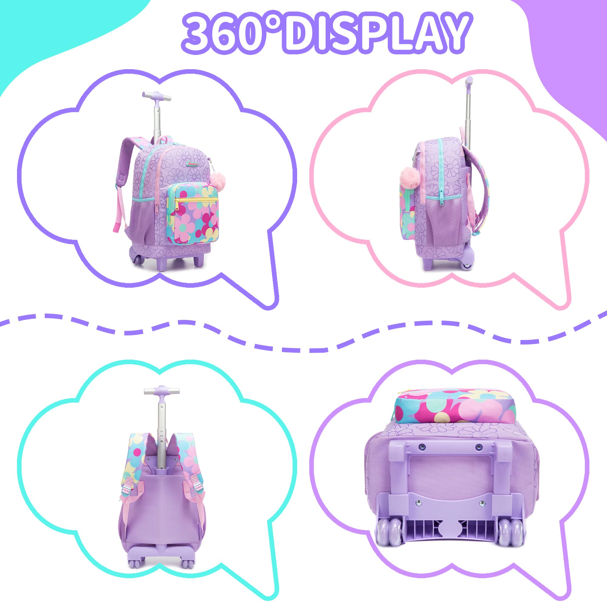 HTgroce Schulrucksack Trolley Mädchen Blumen Motiv – Ergonomischer Schulranzen mit Rollen für Grundschule 2. Klasse