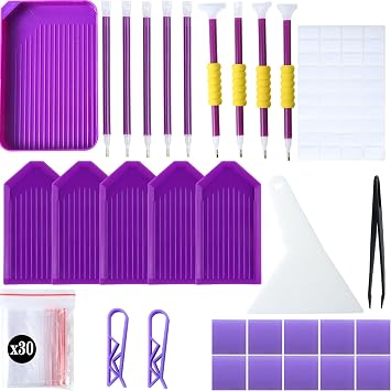 QYING 60PCS 5D Diamond Art Painting Tools and Accessories Kits,with10pcs Glue Clay, 6 Plastic Beads Sorting Trays,20 Diamond pens,Non-Slip Clips and Diamond Crreection Purple