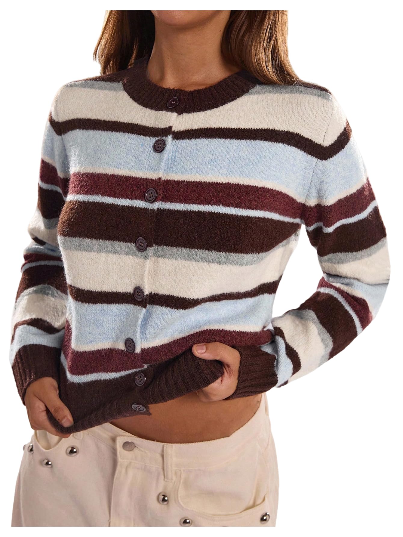 Womens Striped Color Block Cropped Cardigan Button Down Long Sleeve Old Money Sweaters