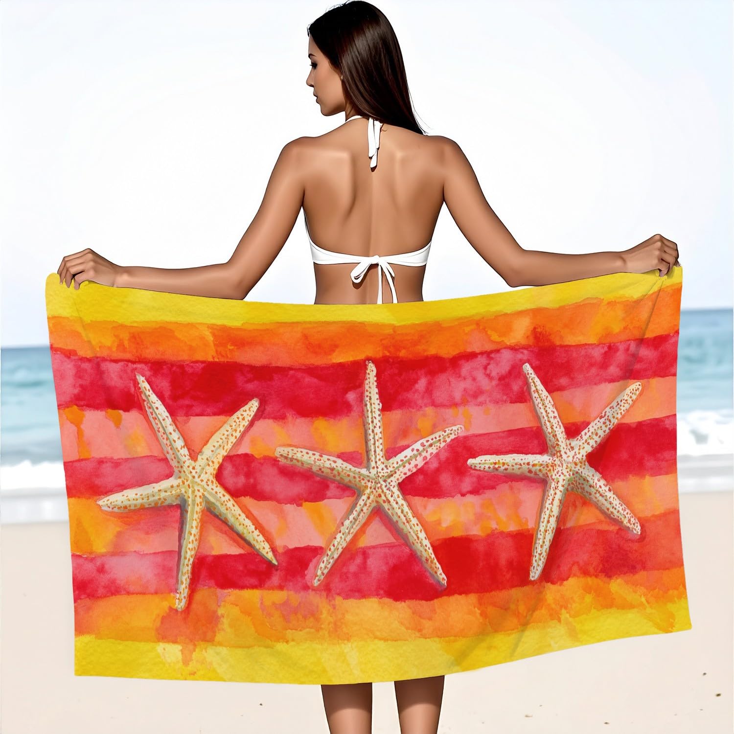 Générique Serviette de Plage Microfibre 200 x 100 CM,Drap de Plage Américain, rétro, rayé, Couverture de Plage Absorbante,Couverture de Bain Étoiles de mer, Animaux