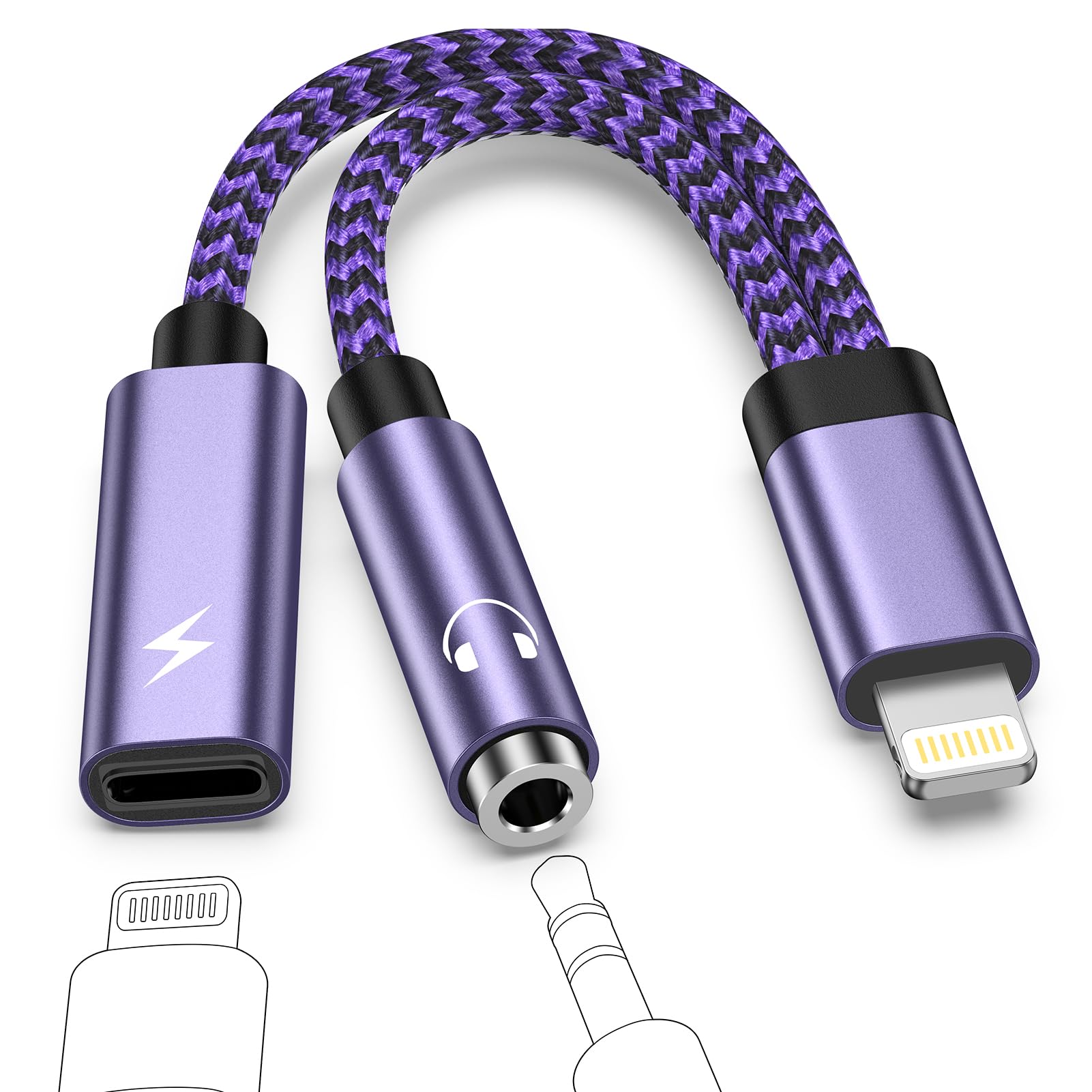 【2026新登場】GAEF Lightning-3.5MM変換アダプター 2in1 急速充電+音楽同時 充電しながらイヤホン iPhone イヤホン変換アダプタ MFi認証 搭載24bit/48KHz Hi-Fi音質 高耐久ナイロン 分歧 lightning イヤホン 変換 二股ケーブル iPhone14/13/12/11 MAX/XS/X8/8plus/7/6/SE3適用 【通話不可】紫色