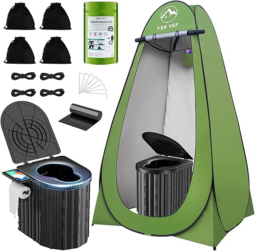 Inodoro de camping con tienda de privacidad desplegable y gel de residuos líquidos, inodoro portátil para acampar con tienda de campaña grande,