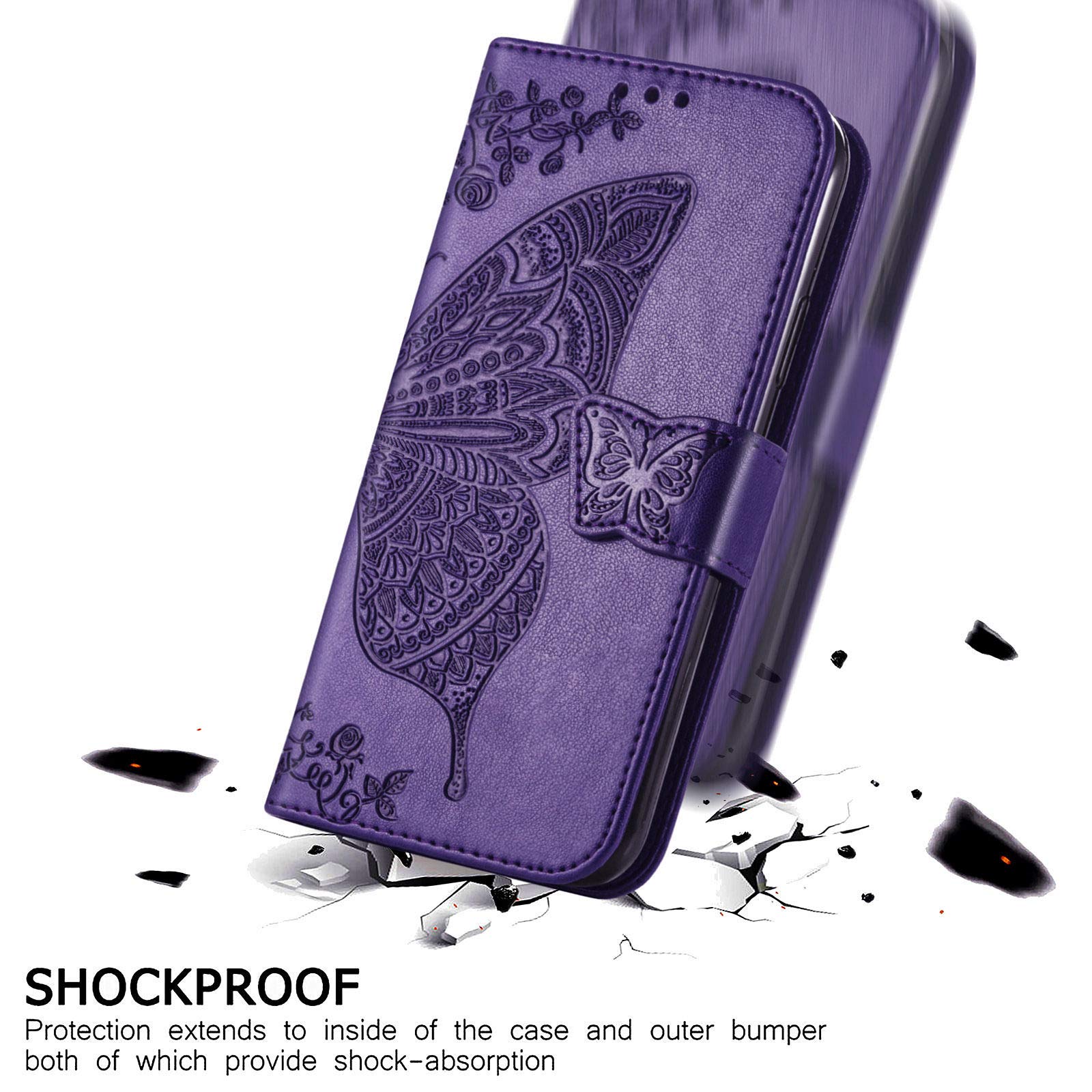 for Samsung Galaxy S23 FE Phone Case Wallet,Women Flip Folio PU Leather Protective Case Wrist Strap Card Slots Holder Pocket Emboss Butterfly Flower Stand Flip Case for Samsung Galaxy S23 FE Purple