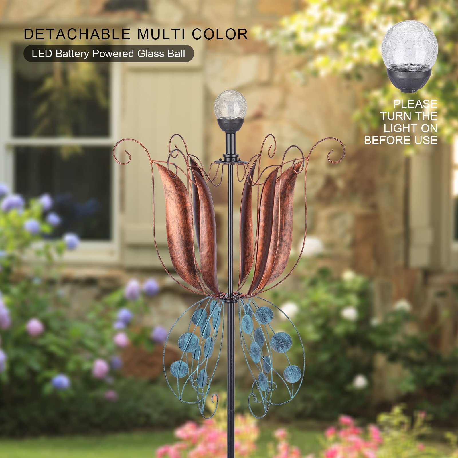 MUMTOP Tulipe à vent d'extérieur en métal - Grande boule de verre à LED à changement de couleur - 200 cm - Sculptures cinétiques - Moulin à vent tulipe pour cour, pelouse, décoration de jardin