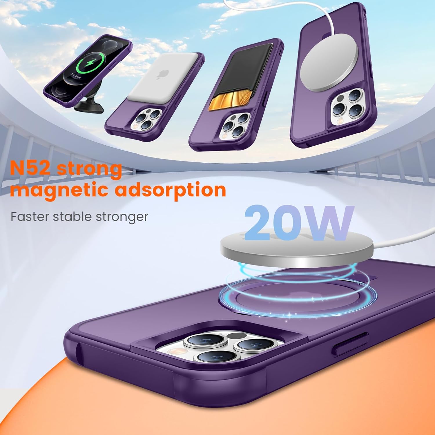 Magnetic Ring Stand Case for iPhone 12 Pro Max/13 Pro Max - 120° rotatable Stand, N52 Magnet, Non-Slip, Matt Transparent Back, Easy to Clean, Shockproof, Drop Protection (Violet)