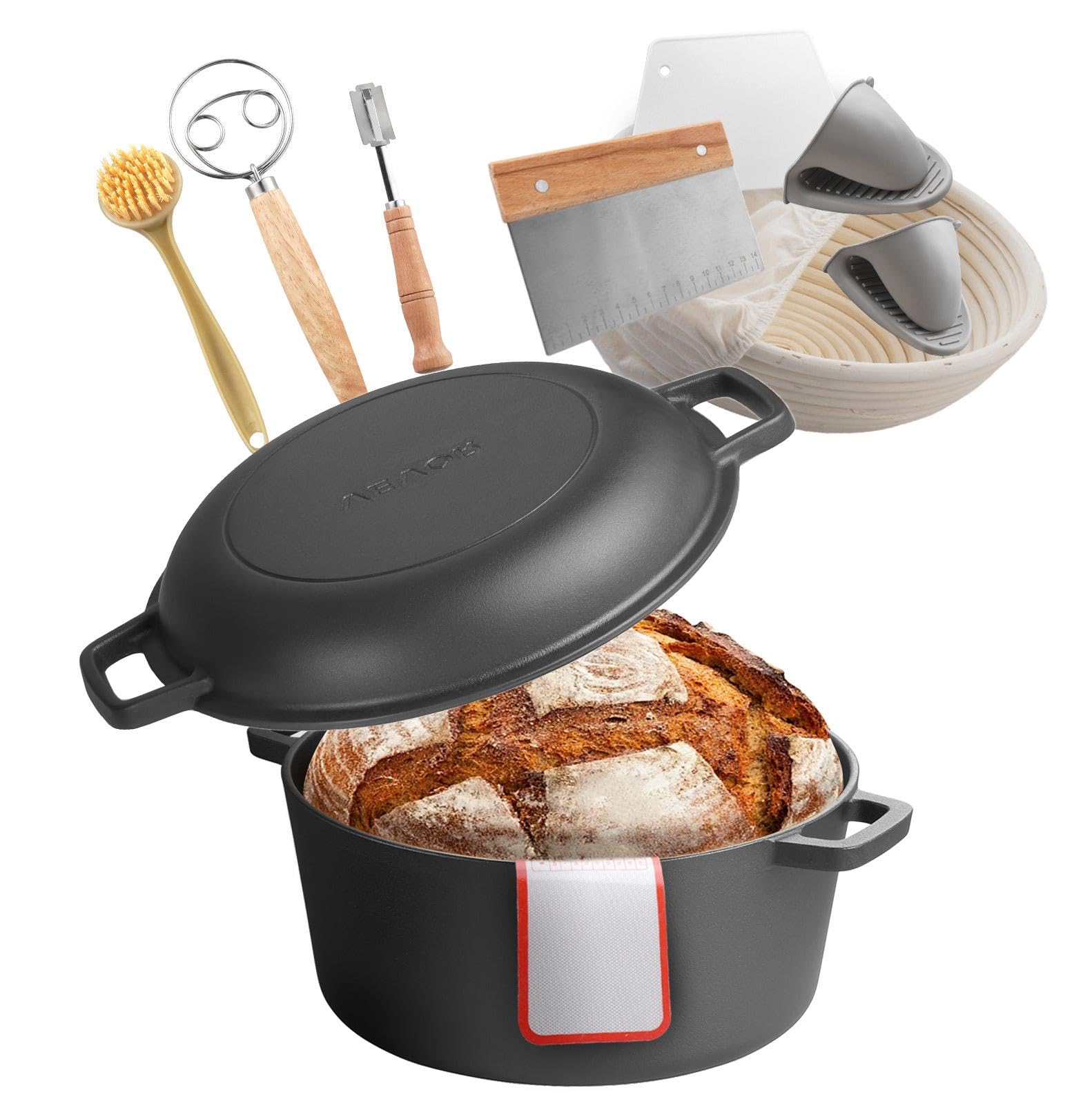 VEVOR Żeliwny piec holenderski, 2 w 1 wstępnie przyprawiony garnek z pokrywką patelni, patelnia 5QT z koszem zabezpieczającym, akcesoria do pieczenia chleba, kompatybilny z piecem chlebowym, 260.0 °C
