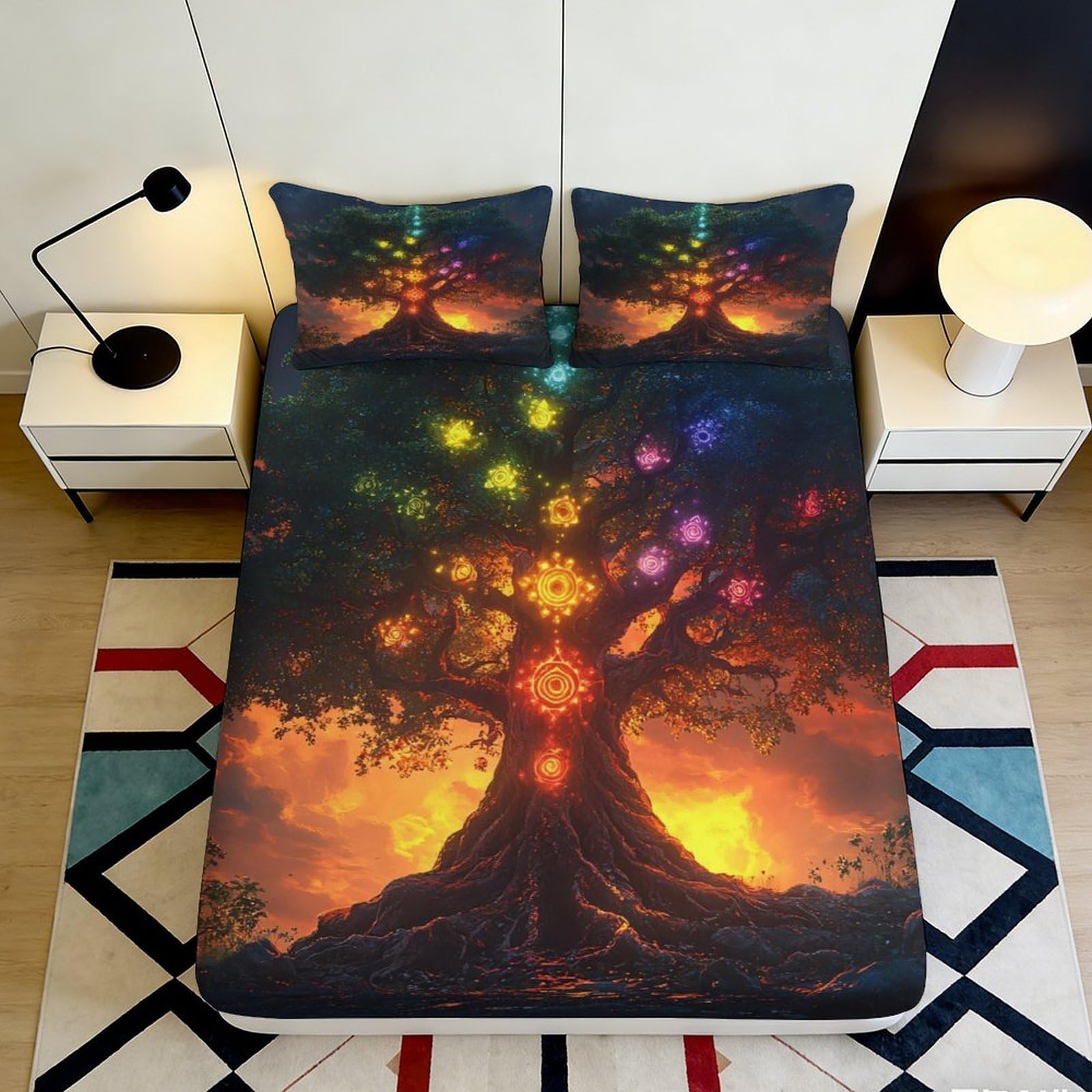 3D Printed Chakra Tree of Life Fitted Sheet Microfiber Soft Decor Sunrise Sunset Bed Cover for Bedroom Guest Room 90x200x25cm