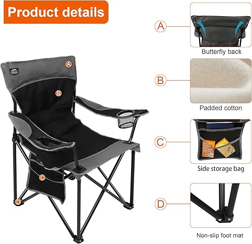 Miniatura 4 de Silla de camping plegable de gran tamaño, silla de césped portátil acolchada resistente con soporte para tazas extragrande, bolsillo lateral para