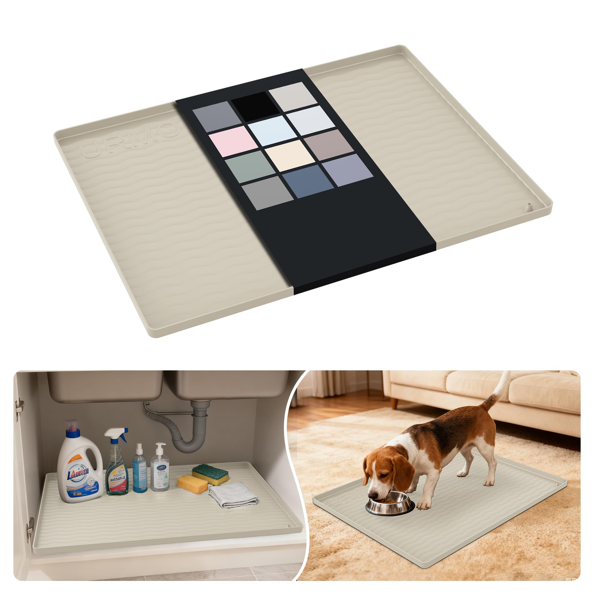 URMONA Waterproof Silicone Under Sink Mat 25'' x 19'' Shelf Liner for Kitchen and Bathroom, Cabinet and Counter Protector, Storage and Organizers, Litter Mat, Pet Cat Puppy Essentials(Cream)