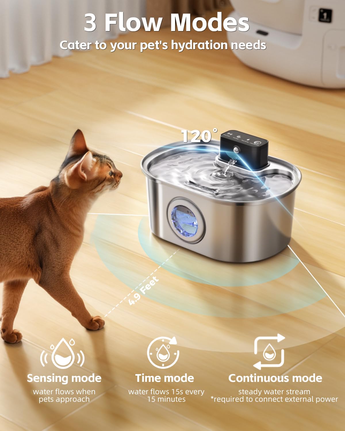 Cat Water Fountain Cordless, Stainless Steel Pet Water Fountain Wireless – 3.2L/108oz Battery Operated Automatic Water Dispenser for Cats Indoor, with Motion Sensor & Quiet Pump (4 Filter & Sponge) - image 4