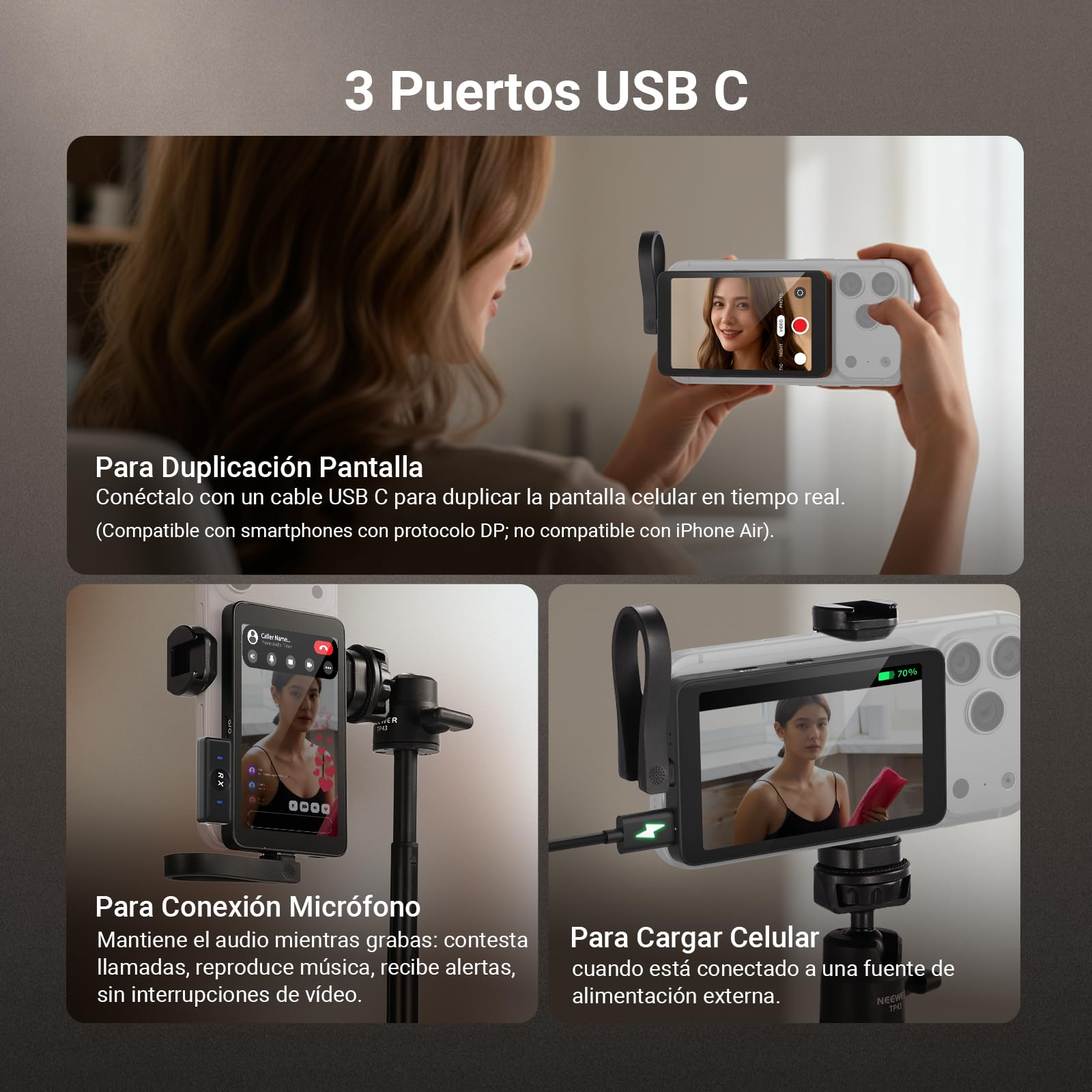 NEEWER 4" Magnético Vlogs Selfies Monitor Pantalla,4K 120fps Cable Grabación para DP Enabled Phone,Back Camera Monitor con Remoto para Youtube TikTok Video Streaming,NO Compatible con iPhone Air, M4C