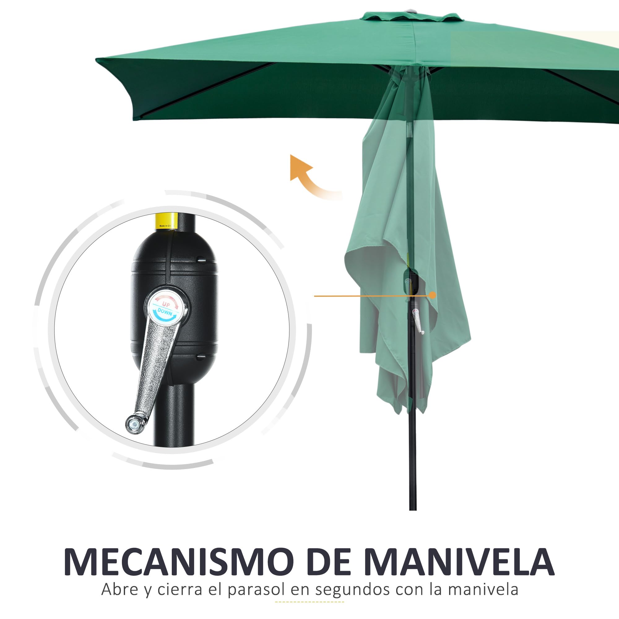Outsunny Sombrilla de Aluminio 2x3x2,5 m Inclinable con Manivela Verde | Parasol Rectangular de Jardín, Mástil Anti-UV Desmontable, para Terraza Patio Piscina Exterior