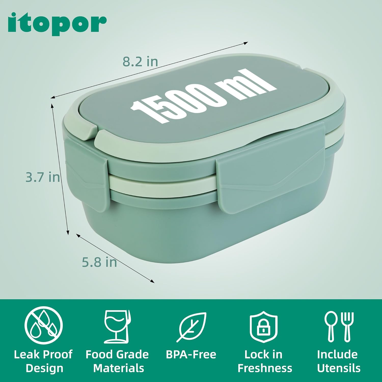 Leak-Proof Bento Box Adult Lunch Box, Stackable Lunch Containers for Adults & Kids with Sleek Handles & Utensils, Microwave & Dishwasher Safe (Green) - Image 2