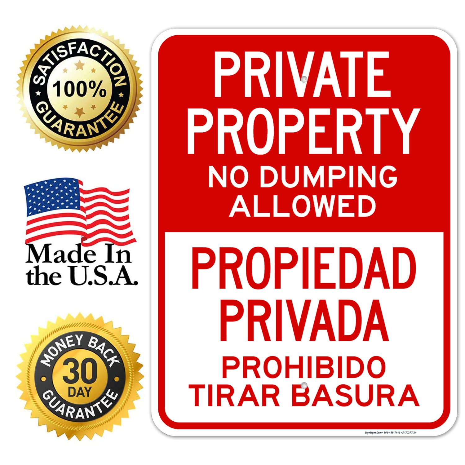 Private Property No Dumping Allowed Bilingual Sign, 18x24 Inches, Rust Free .063 Aluminum, Fade Resistant, Made in USA