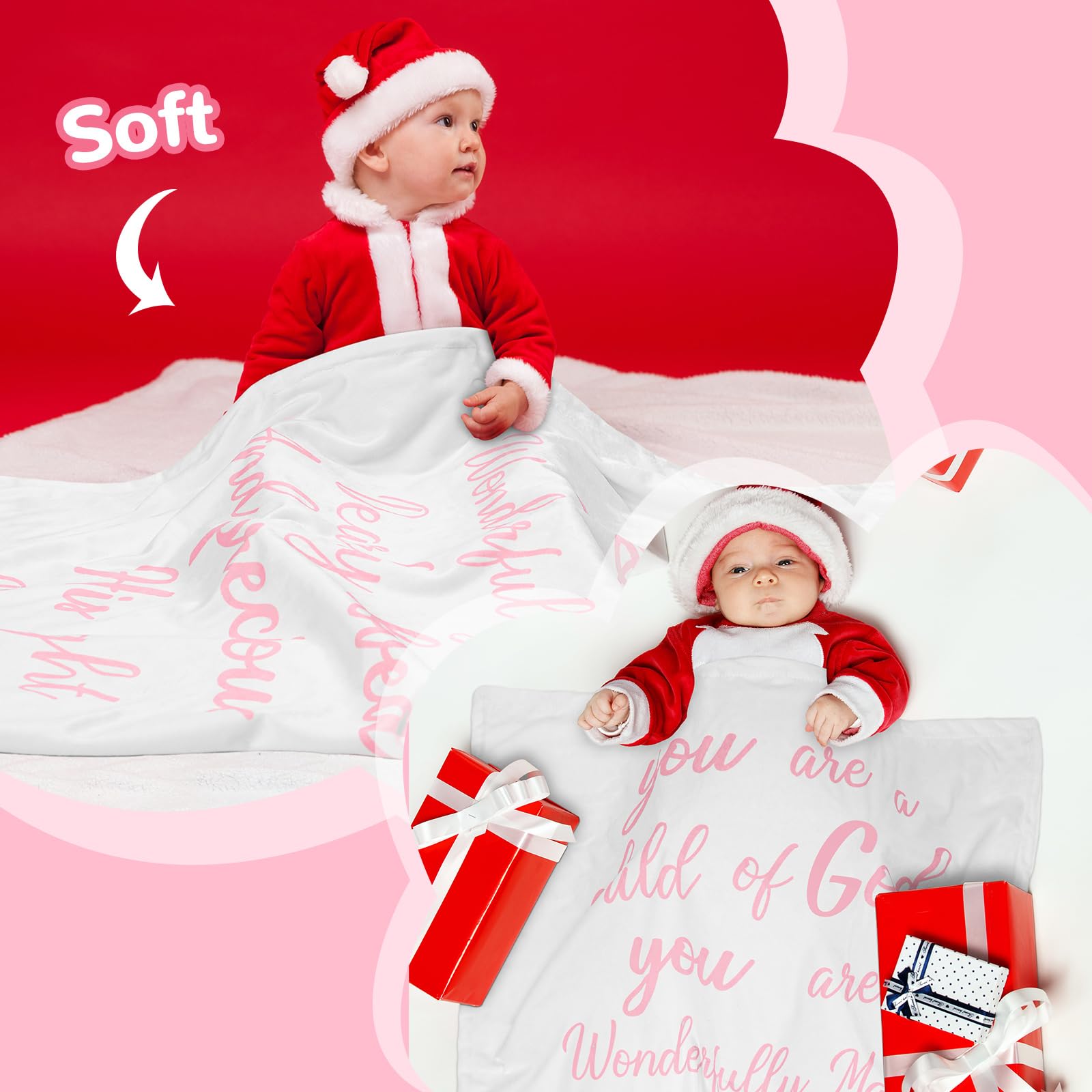 Rtteri Coperta in peluche per neonato, con retro punteggiato, per battesimo, con citazione della Scrittura, per neonato, ragazzo, ragazza, battesimo, figlioccio (rosa e bianco)