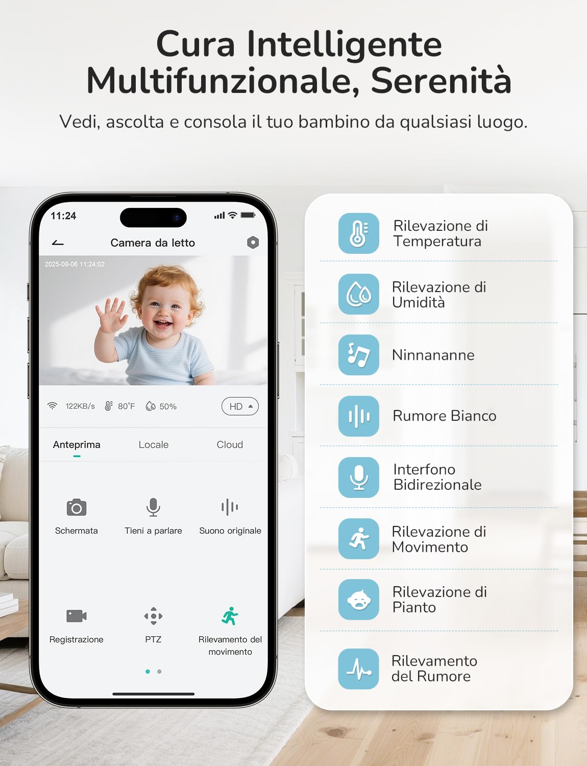 GHB Baby Monitor Video e Audio 5", Telecamera 2K, 350°/65° PTZ, 3000mAh, Controllo Tramite App e Monitor IPS, Rilevamento di Movimento/Pianto/Temperatura, Visione Notturna